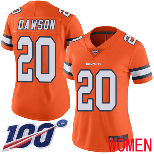 Women Denver Broncos #20 Duke Dawson Limited Orange Rush Vapor Untouchable 100th Season Football NFL Jersey
